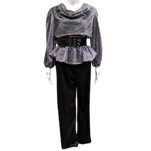 Vintage 70s silver and black peplum polyester and lamé jumpsuit