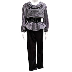 Vintage 70s silver and black peplum polyester and lamé jumpsuit image 1