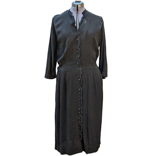 Vintage 1930s black knit crepe rayon dress, wounded bird