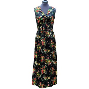 Vintage 70s black, red and yellow floral sleeveless maxidress