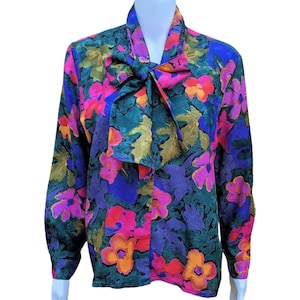 Vintage 70s or 80s floral green, yellow, pink and purple pussy bow blouse image 1