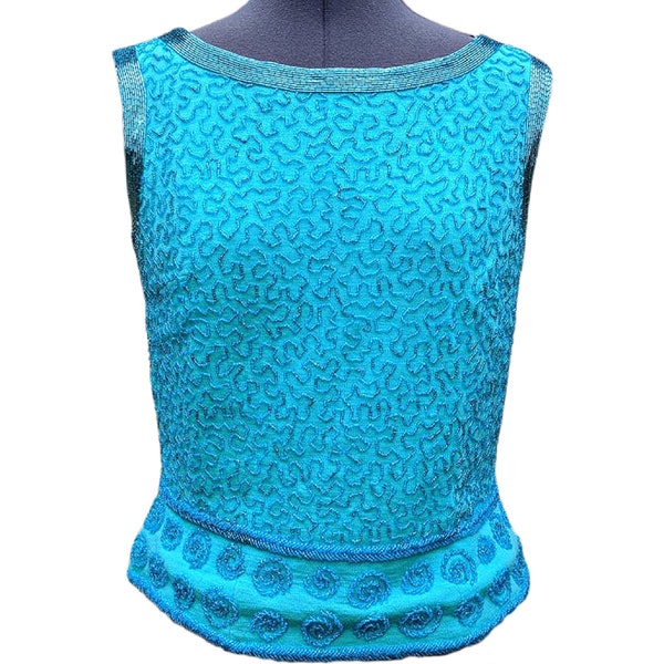 Vintage 50s or 60s teal blue knit beaded lined wool tank