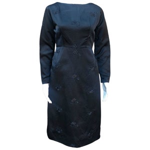 Vintage 50s or 60s black satin brocade full sleeve plunge back cocktail dress
