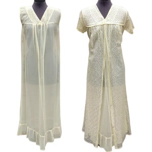 Vintage yellow mid length 100% nylon lace robe and nightgown