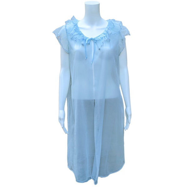 Vintage 60s blue nylon chiffon and lace sheer robe nightgown