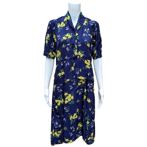 Vintage 1940's navy with yellow floral pattern rayon dress, repaired wounded bird, Discounted