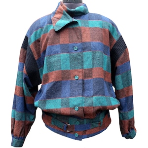 Vintage 80s teal checkered wool jacket with pockets
