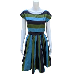 Abito vintage a righe in cotone verde, blu e nero degli anni &#39;40 o &#39;50
