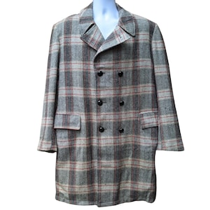 Vintage 1960&#39;s or 70s 100% wool tweed double breasted men&#39;s overcoat jacket with pockets, black, gray and red
