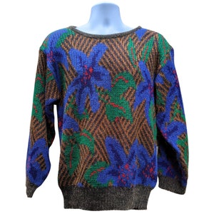 Vintage 1980s or 90s blue floral on brown stripes acrylic pullover sweater