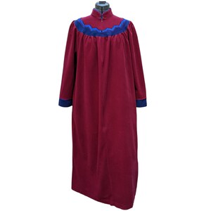 Vintage 1980s deep raspberry red and blue velour fleece robe housecoat