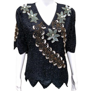 Vintage 80s black, gold and silver green silk bead and sequin blouse