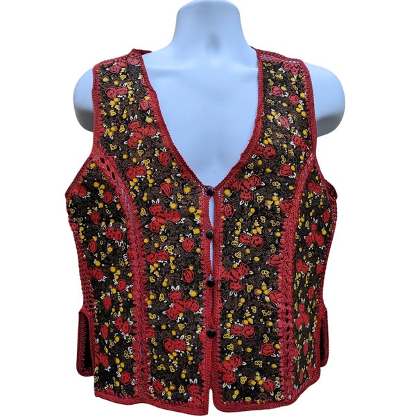 Vintage 1960s or 70s red and black double sided suede vest floral print and solid, knit vest, leather vest