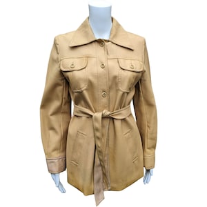 Vintage 70s tan brown soft faux leather trench with belted waist and large collar