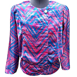Vintage 80s pink and blue abstract design 100% georgette polyester blouse