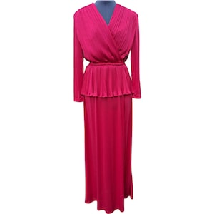 Vintage 80s or 90s red peplum full length pleated skirt column dress