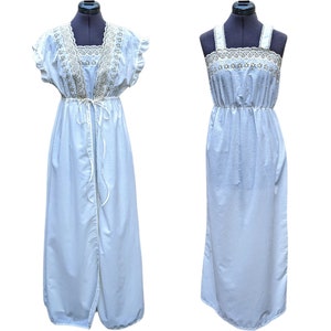Vintage 1970s or 80s beige peignoir set, embroidered night gown and robe set, cotton blend robe set