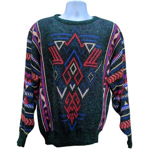 Vintage 1980 or 90s dark green sweater faint metallic shine and red, blue and beige design, size XL