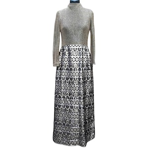 Vintage 60s or 70s gold lamé and black mock neck long-sleeved evening gown