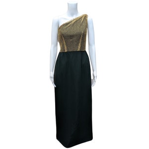 Vintage 1950s black with gold netting one shoulder evening gown dress