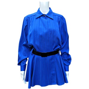 Vintage 1980s blue with black belt and pin stripe peplum blazer or shirt