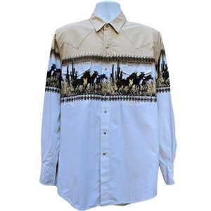 Vintage westernshirt met paard en cowboylandschap uit de jaren 90 met drukknoopsluiting, 100% katoen, beige en warm wit, maat large hoog