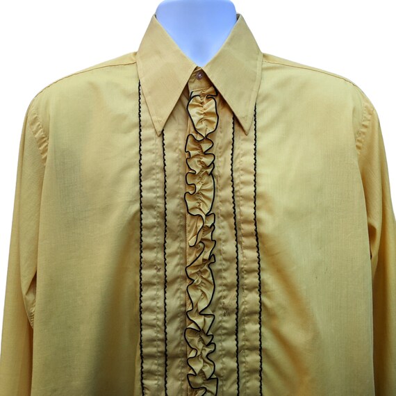 Vintage 70s ocher yellow ruffled tuxedo shirt wit… - image 2