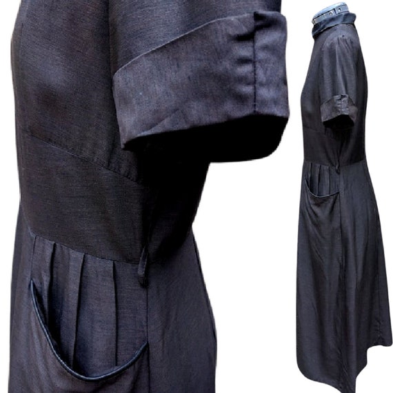 Vintage 1940's black cap sleeve dupioni silk dress - image 4
