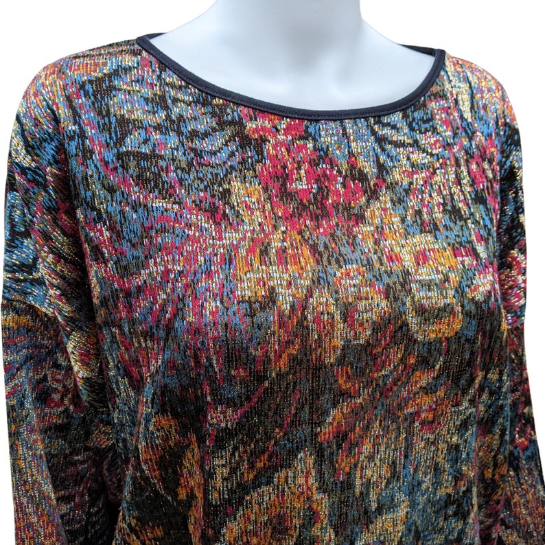 Vintage 1980's multi color metallic floral long sleeve thin knit sweater image 2