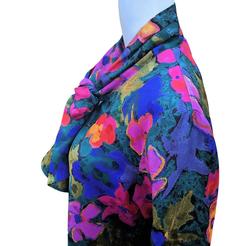 Vintage 70s or 80s floral green, yellow, pink and purple pussy bow blouse image 5