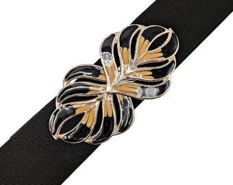 Vintage 1970 or 80s Leaf Buckle, Black and Gold Elastic Belt  display picture 3