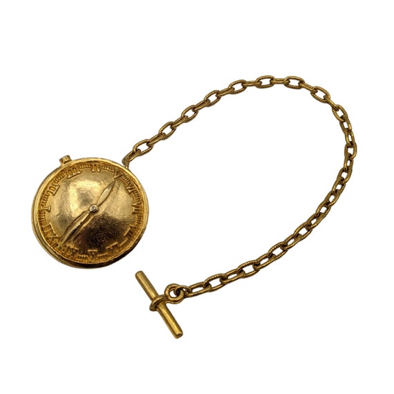 Vintage 90s gold tone pocket watch pin, faux watc… - image 1