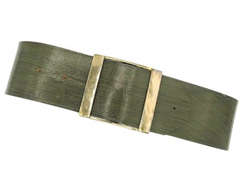 Vintage 1960s olive green with black painted wide leather belt with gold tone buckle, fits size small