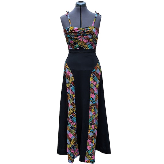 Vintage 70s black, pink, blue and yellow skirt and top dress set, 70s maxi skirt set