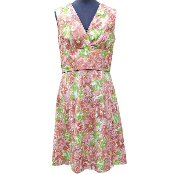 Vintage 60s peach pink and green flocked dress - image 1