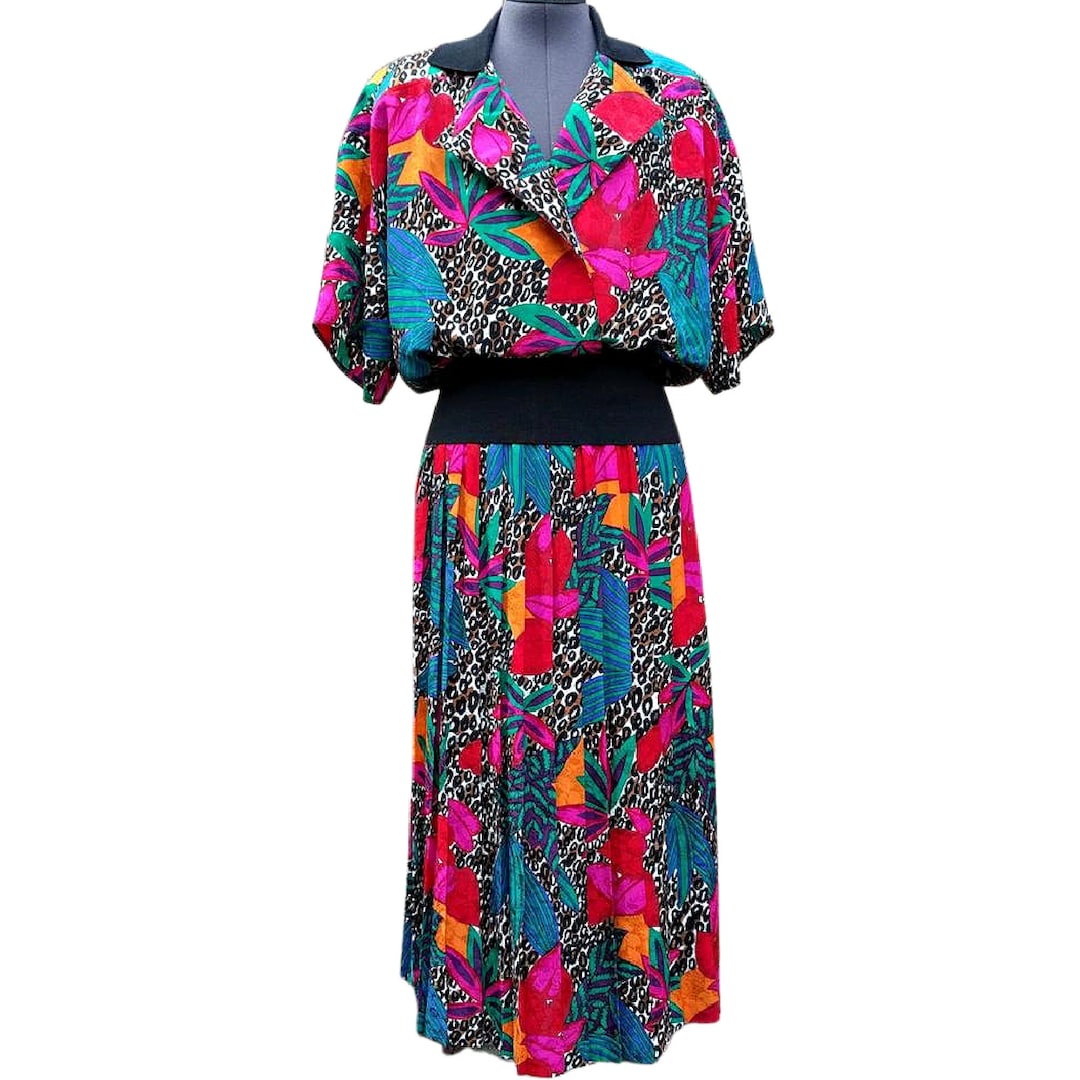 Vintage Silk Blouse and Skirt Set: 80s Animal Print Two-piece - Etsy