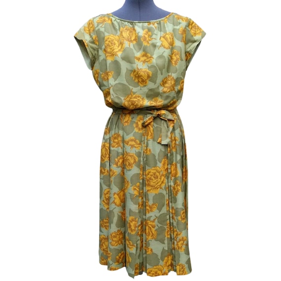 Vintage 50s or 60s green and ochre yellow cotton … - image 1