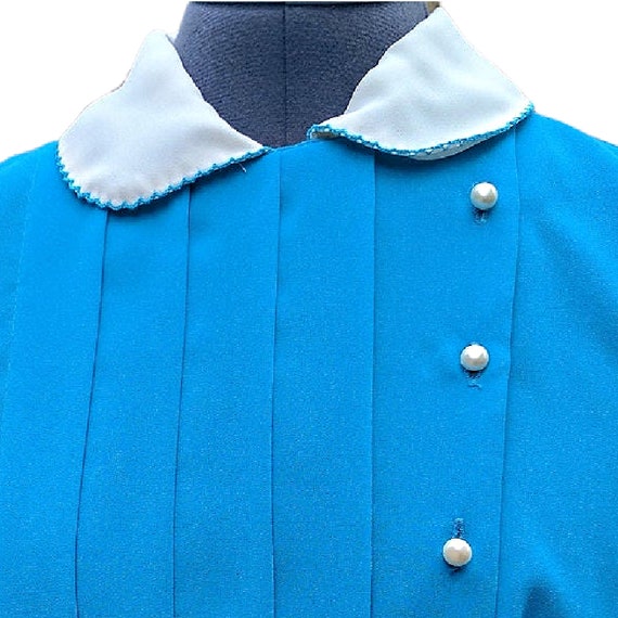 Vintage 80s turquoise with white collar blouse dr… - image 4