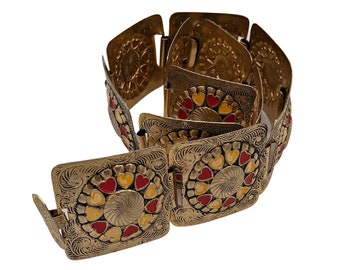 Vintage brass embossed and enamel painted yellow and red hearts belt