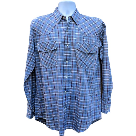 Vintage 80s Gray, Blue and Burgundy Plaid Cowboy Shirt, Snap