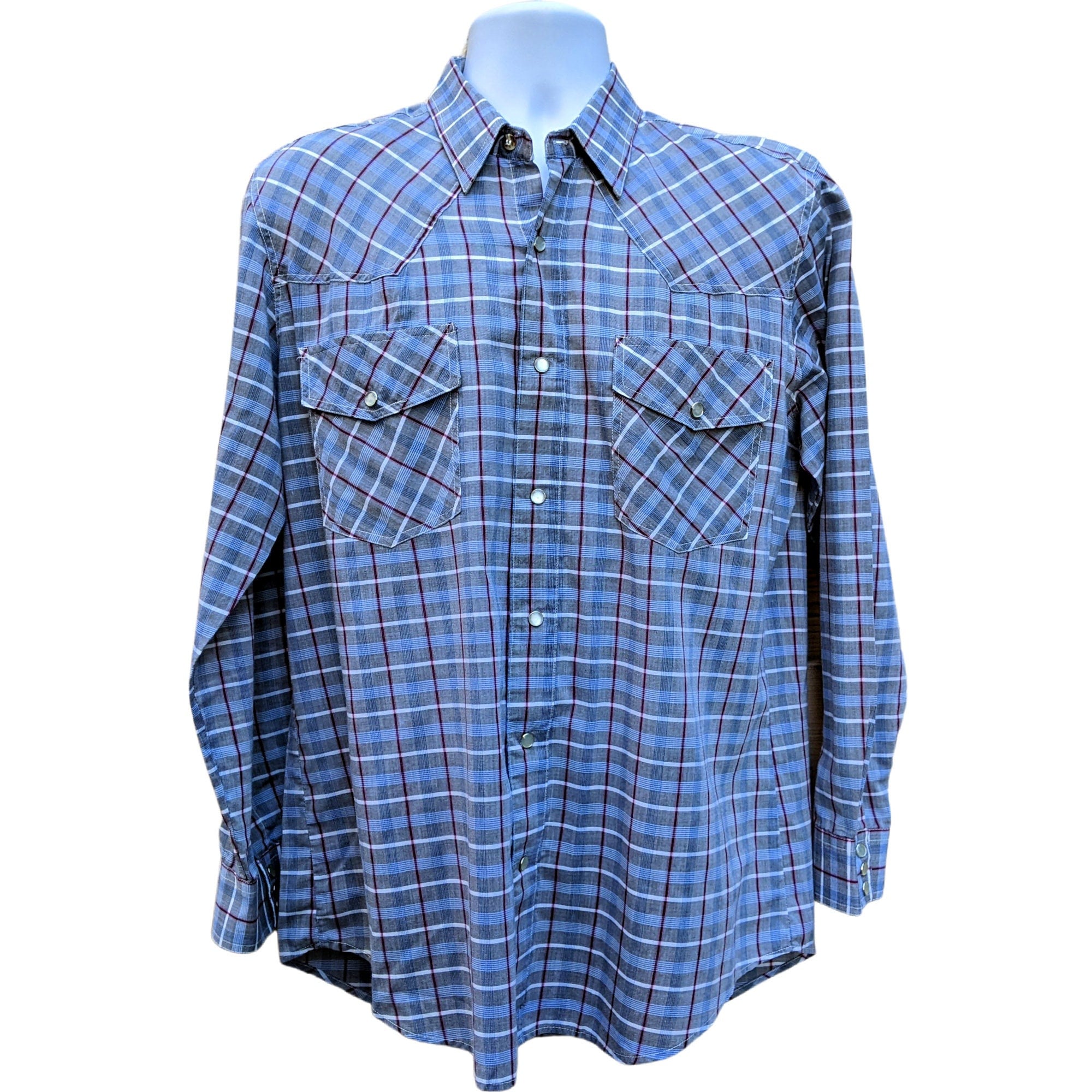 Vintage 80s Gray, Blue and Burgundy Plaid Cowboy Shirt, Snap