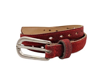 Vintage narrow burgundy maroon red leather belt