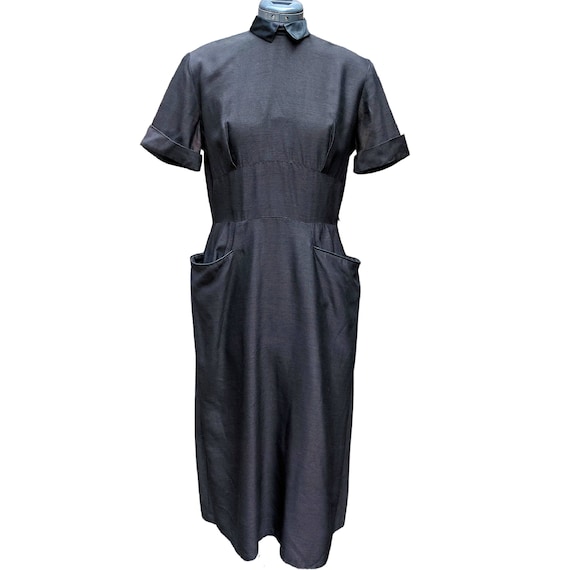 Vintage 1940's black cap sleeve dupioni silk dress - image 1