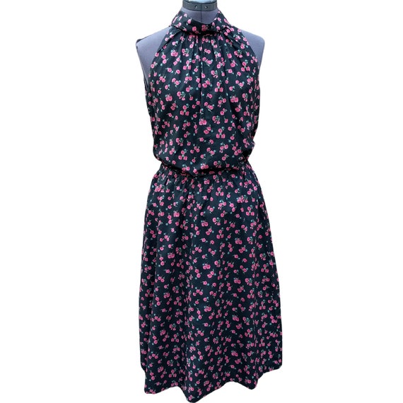 Vintage 40s or 50s cotton black and pink floral 2… - image 1