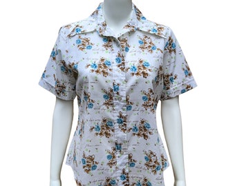 Vintage 50s or 60s white, blue and brown cotton blend floral print shirt