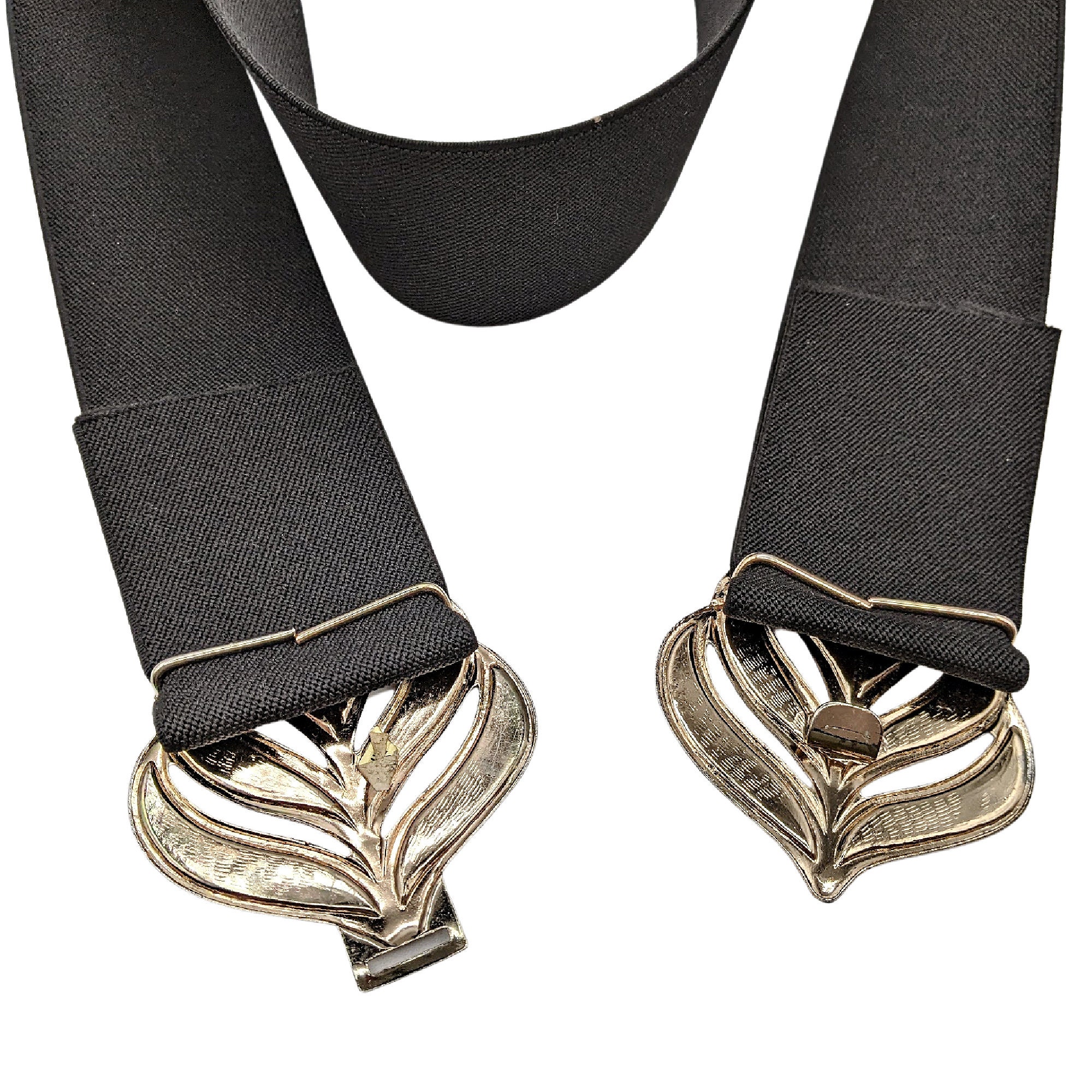Vintage 1970 or 80s Leaf Buckle, Black and Gold Elastic Belt  display picture 3