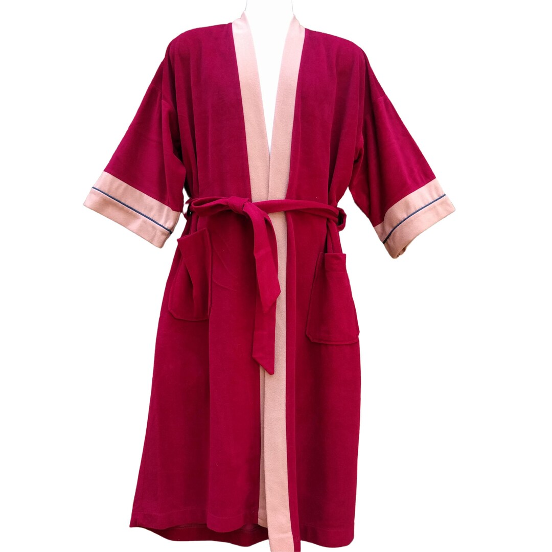 Vintage 70s Dark Red & Beige Velvet Fleece Robe Housecoat by SEARS ...