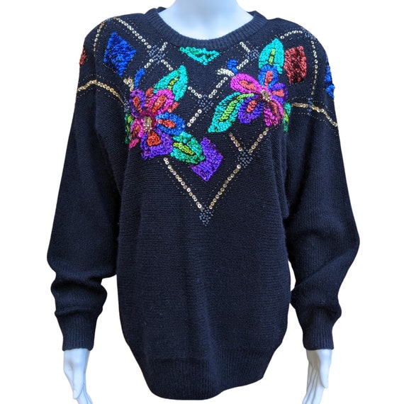 Vintage 80s silk and angora beaded sweater, black… - image 1