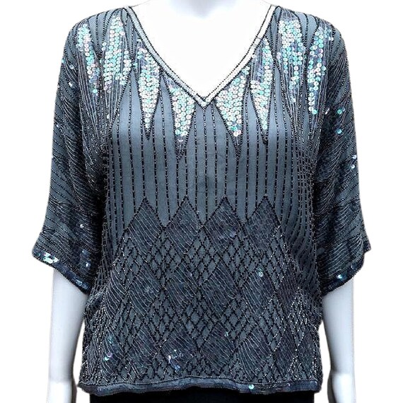 Vintage silver gray sequin beaded silk chiffon blo