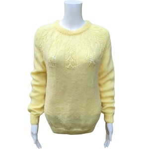 Vintage 70s or 80s bright butter yellow handknit crew neck sweater